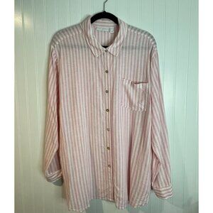 Susan Graver Luxe Pink & White Striped Linen Blend Button-Down Shirt Size Large